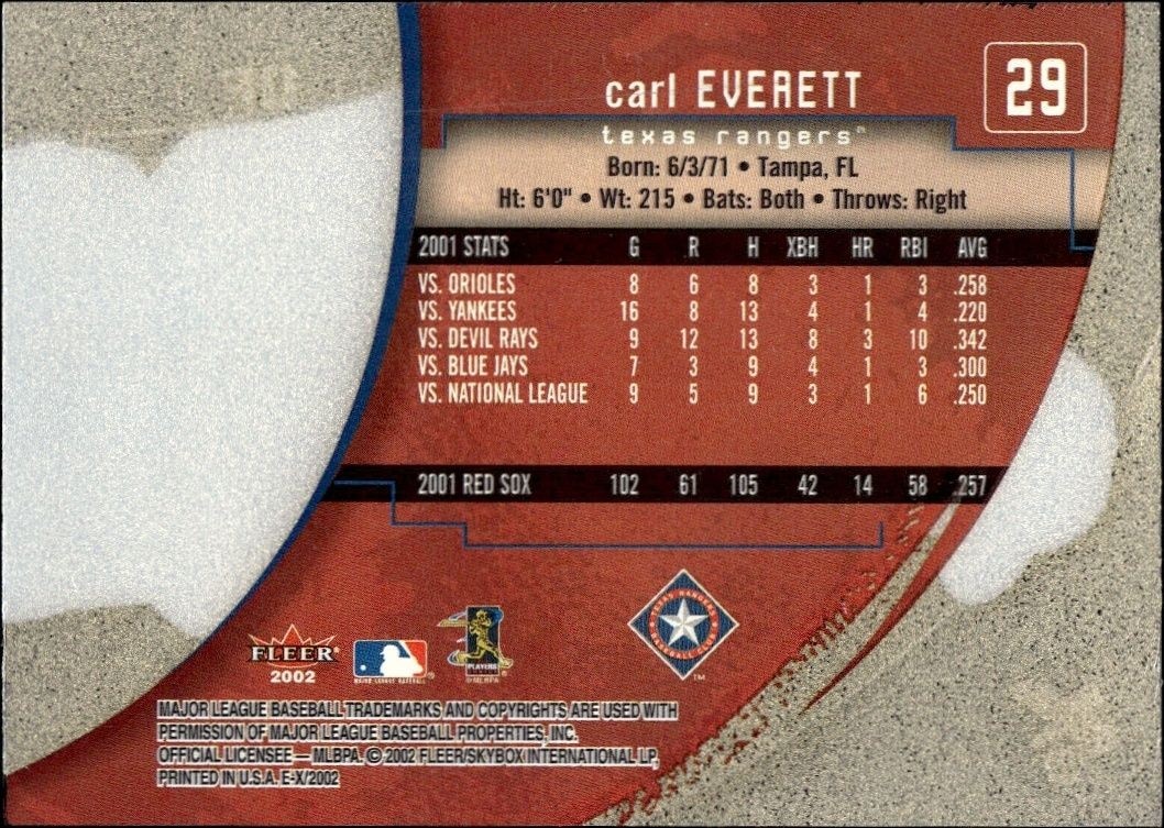 2002 Fleer E-x Carl Everett #29 baseball trading card back