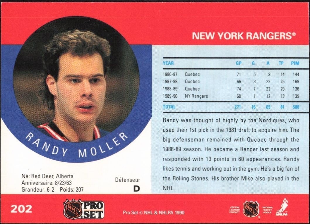 1990-91 Pro Set Randy Moller #202 hockey trading card back