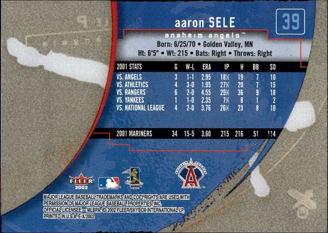 2002 Fleer E-x Aaron Sele #39 baseball trading card back