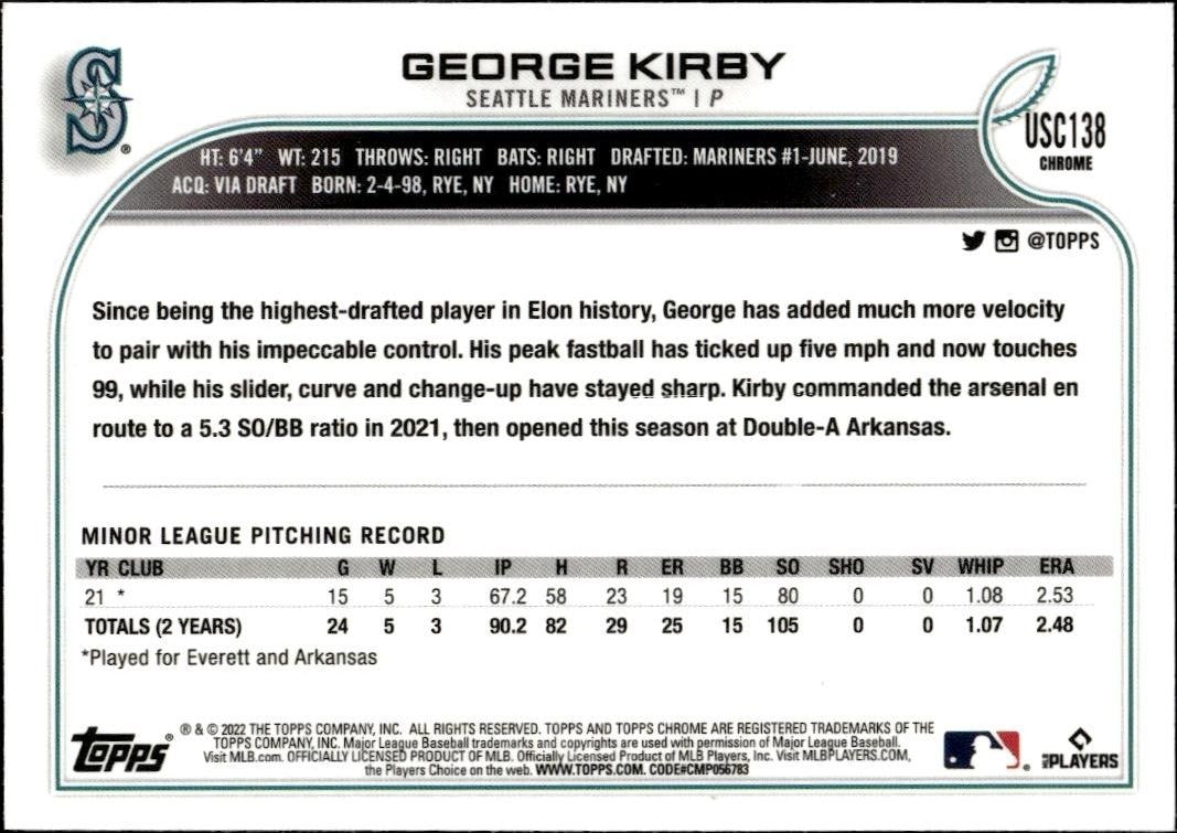 2022 Topps Chrome Update George Kirby #USC138 baseball trading card back