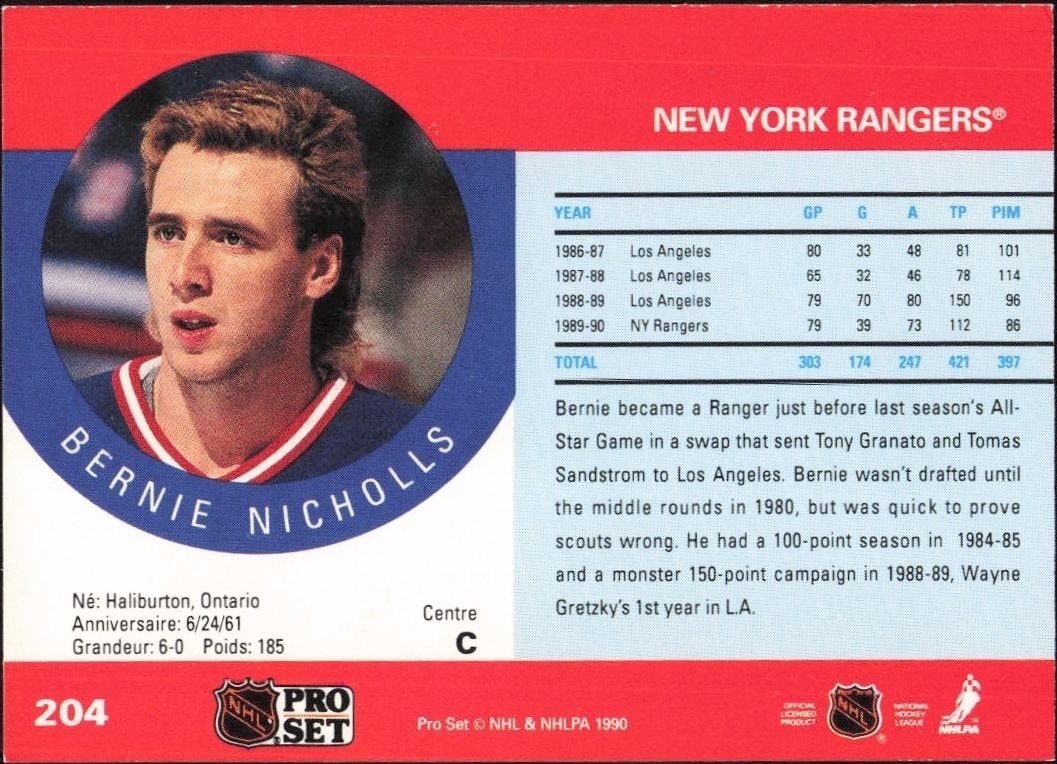 1990-91 Pro Set Bernie Nicholls #204 hockey trading card back