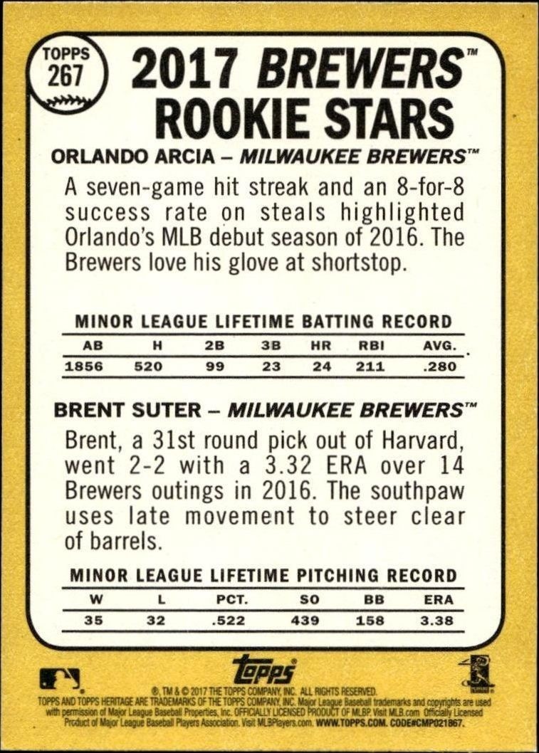 2017 Topps Heritage Orlando Arcia #267 baseball trading card back