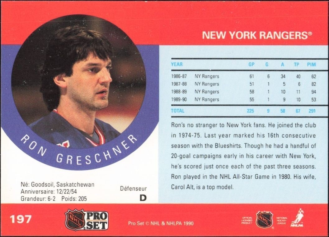 1990-91 Pro Set Ron Greschner #197 hockey trading card back