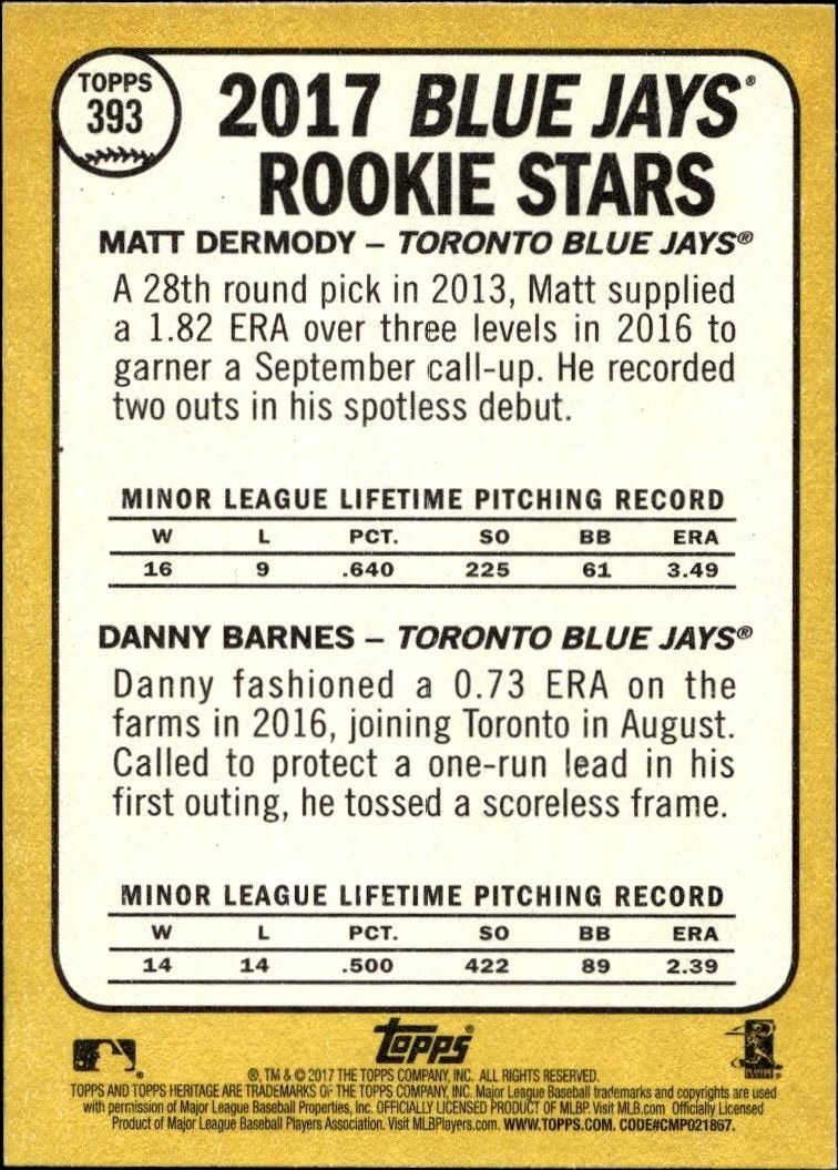 2017 Topps Heritage Danny Barnes #393 baseball trading card back