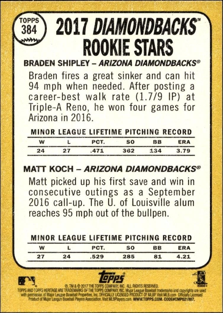 2017 Topps Heritage Braden Shipley #384 baseball trading card back