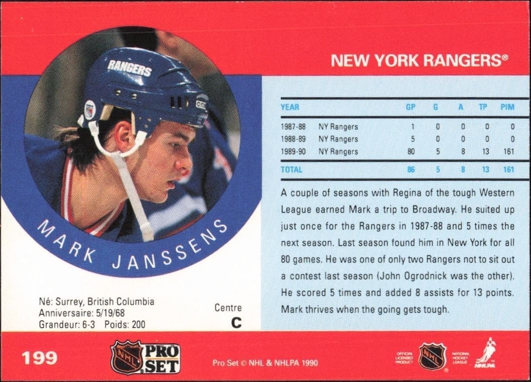 1990-91 Pro Set Mark Janssens #199 hockey trading card back