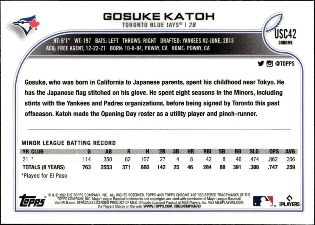 2022 Topps Chrome Update Gosuke Katoh #USC42 baseball trading card back