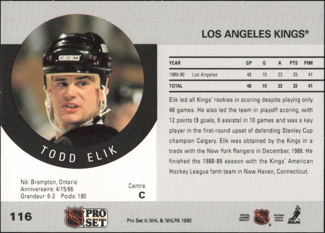 1990-91 Pro Set Todd Elik #116 hockey trading card back