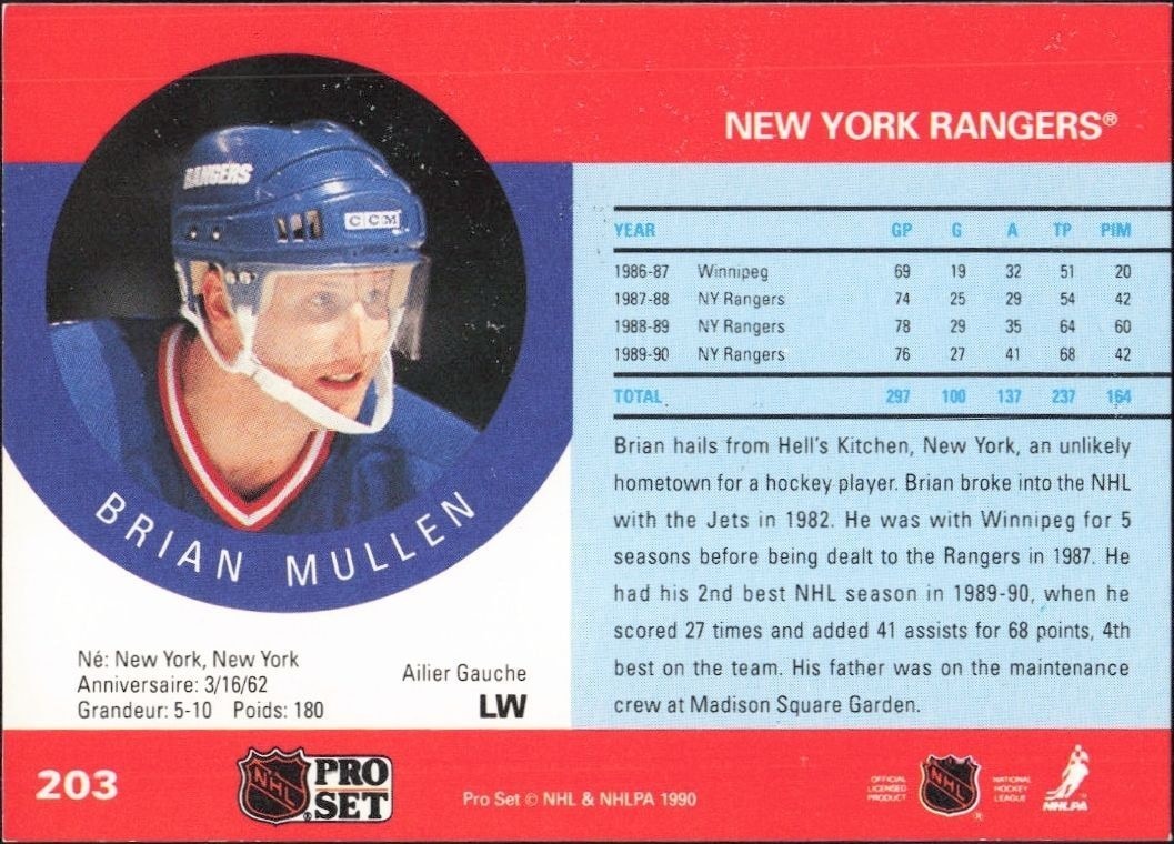 1990-91 Pro Set Brian Mullen #203 hockey trading card back