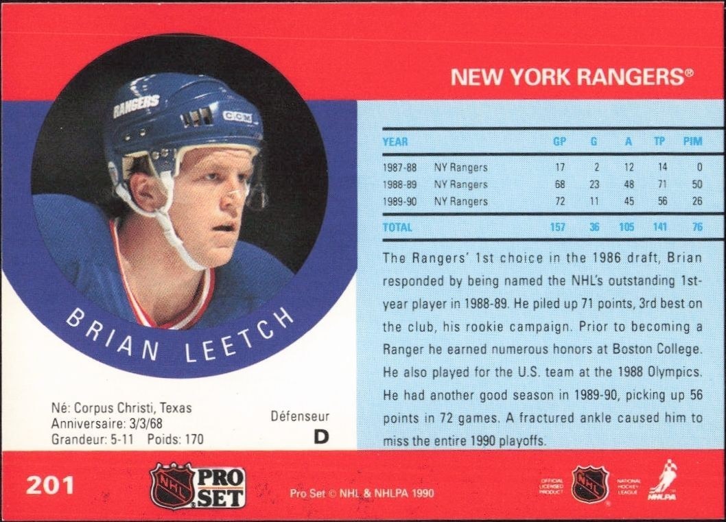 1990-91 Pro Set Brian Leetch #201 hockey trading card back