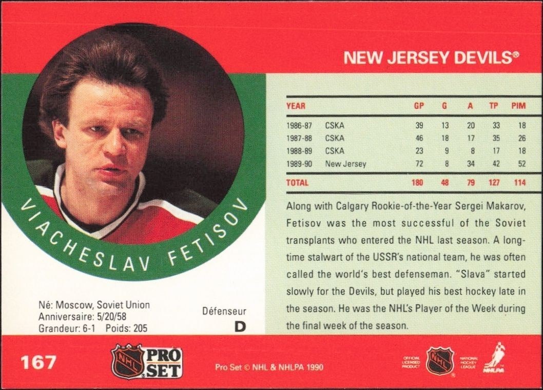 1990-91 Pro Set Viacheslav Fetisov #167 hockey trading card back