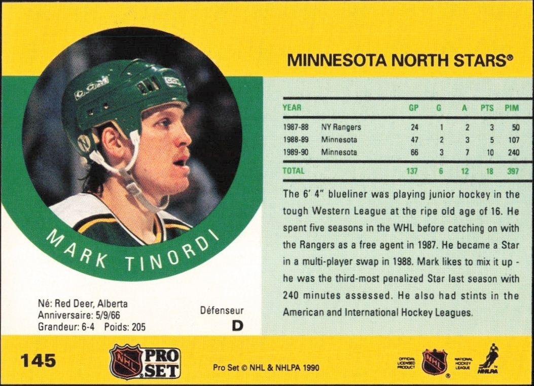 1990-91 Pro Set Mark Tinordi #145 hockey trading card back