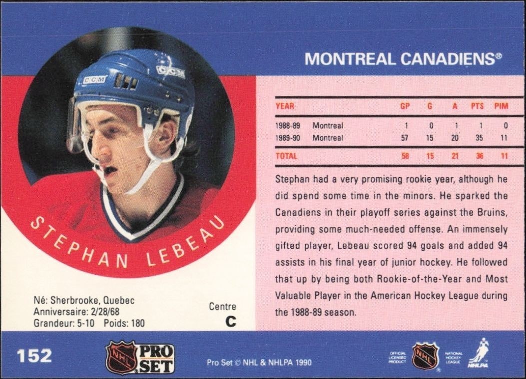 1990-91 Pro Set Stephan Lebeau #152 hockey trading card back
