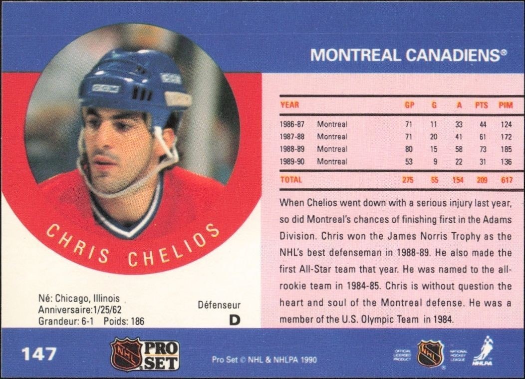 1990-91 Pro Set Chris Chelios #147 hockey trading card back