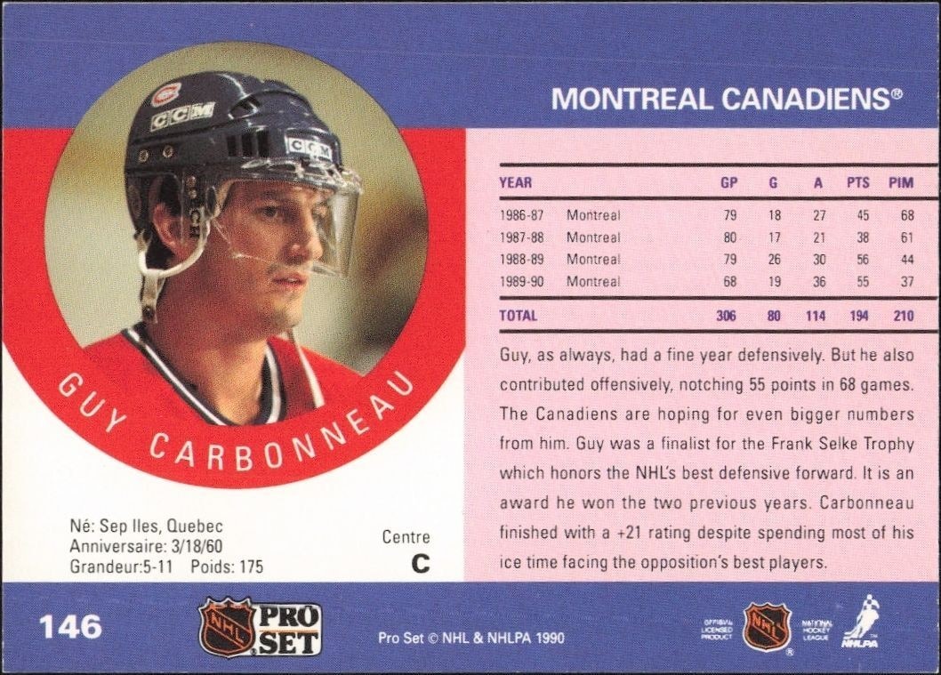 1990-91 Pro Set Guy Carbonneau #146 hockey trading card back
