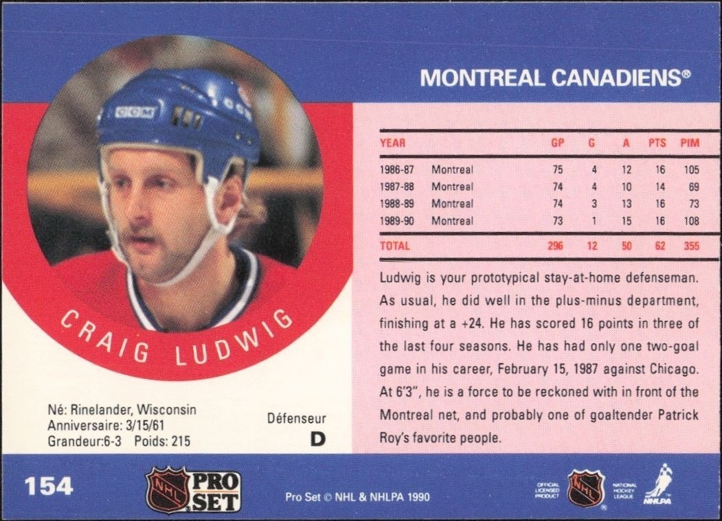 1990-91 Pro Set Craig Ludwig #154 hockey trading card back