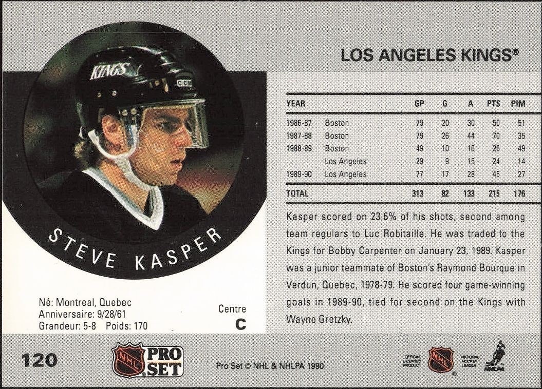 1990-91 Pro Set Steve Kasper #120 hockey trading card back