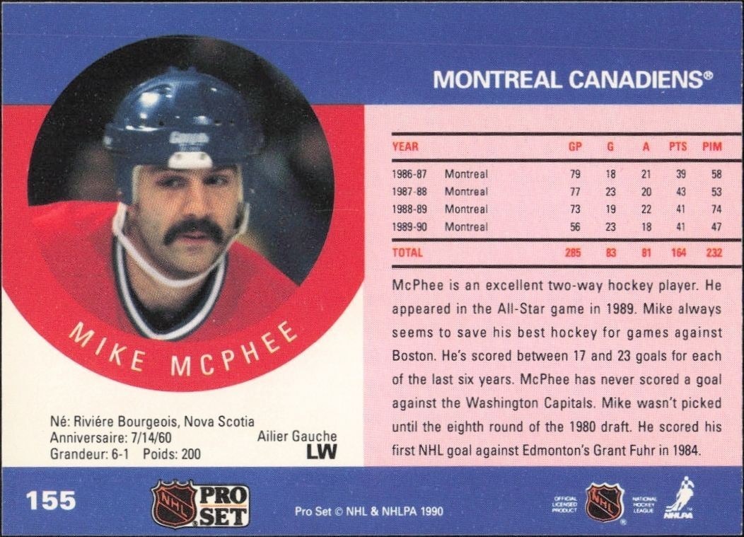 1990-91 Pro Set Mike McPhee #155 hockey trading card back