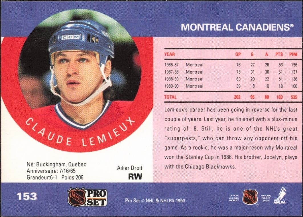 1990-91 Pro Set Claude Lemieux #153 hockey trading card back