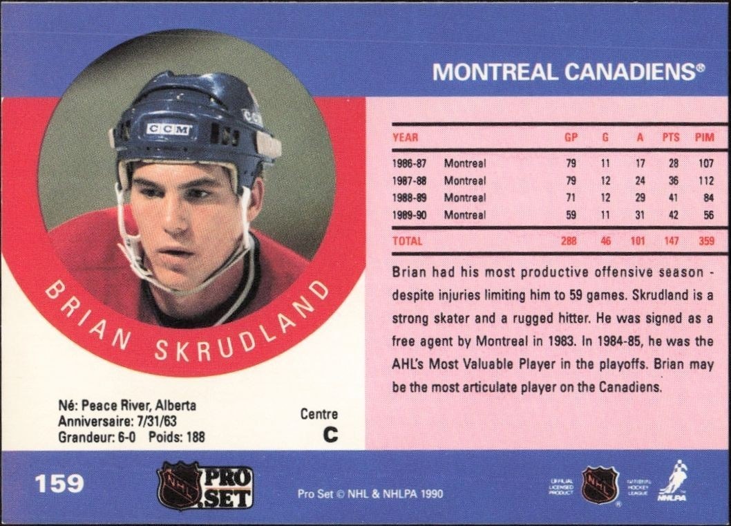 1990-91 Pro Set Brian Skrudland #159 hockey trading card back