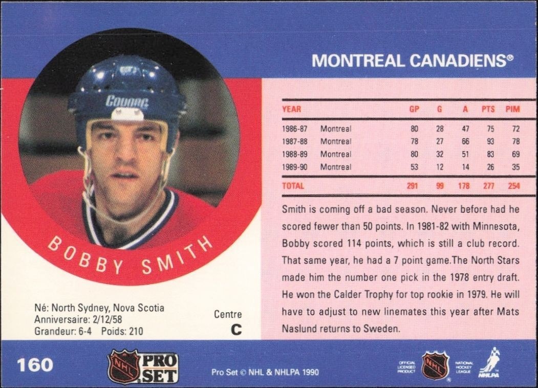 1990-91 Pro Set Bobby Smith #160 hockey trading card back