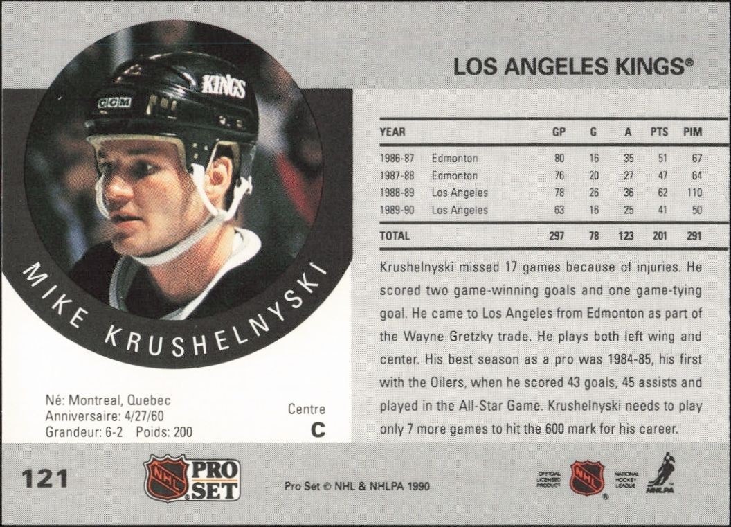 1990-91 Pro Set Mike Krushelnyski #121 hockey trading card back