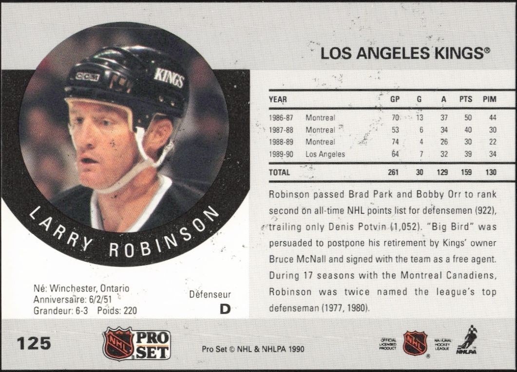 1990-91 Pro Set Larry Robinson #125 hockey trading card back