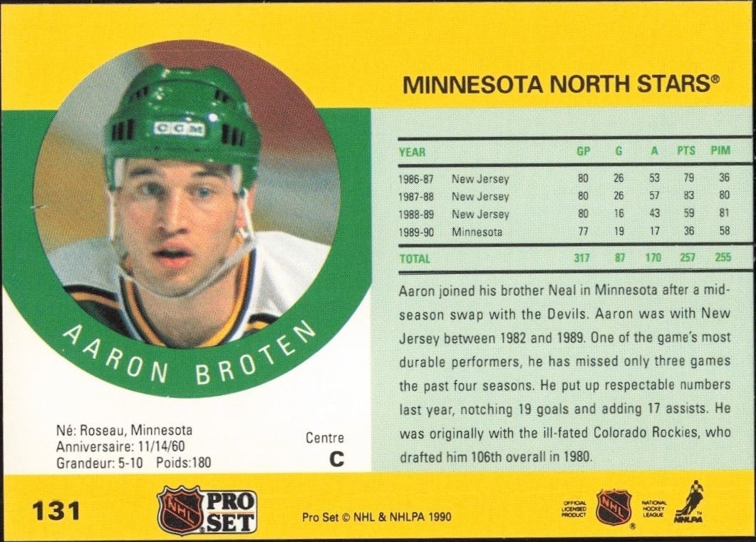 1990-91 Pro Set Aaron Broten #131 hockey trading card back