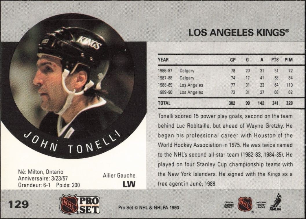 1990-91 Pro Set John Tonelli #129 hockey trading card back