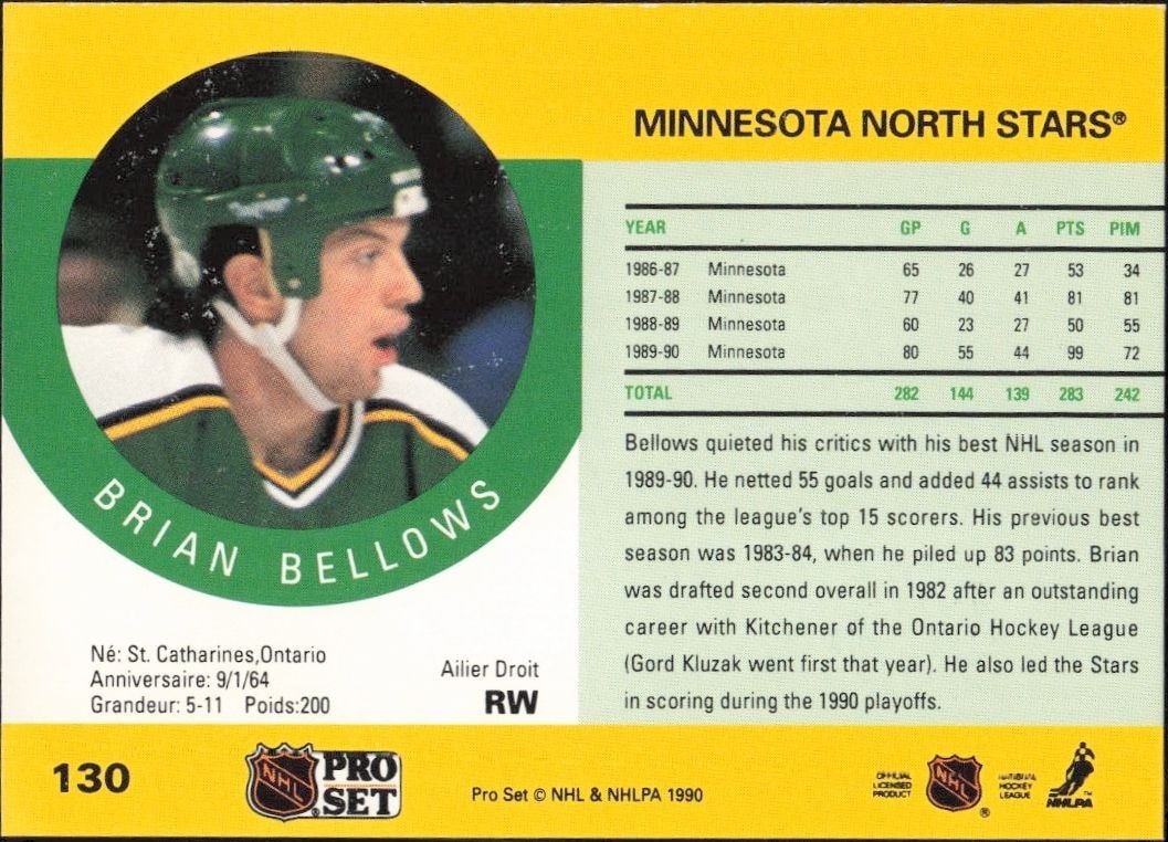 1990-91 Pro Set Brian Bellows #130 hockey trading card back