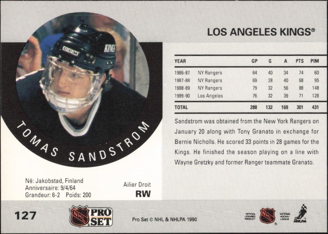 1990-91 Pro Set Tomas Sandstrom #127 hockey trading card back