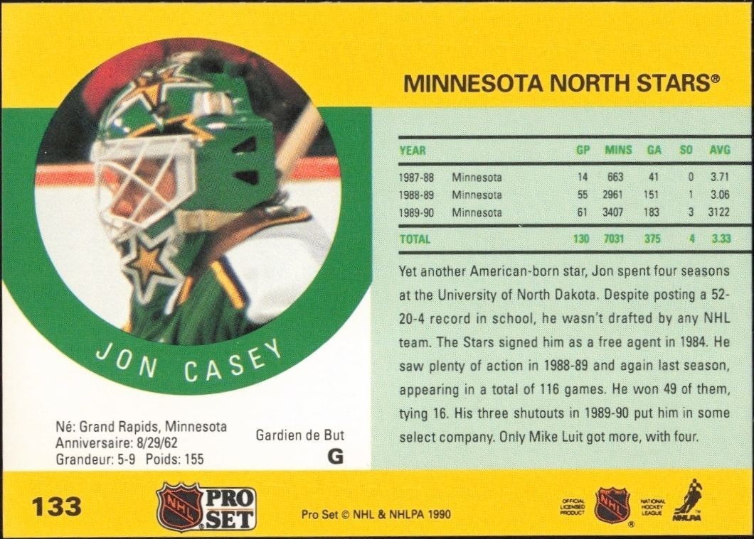 1990-91 Pro Set Jon Casey #133 hockey trading card back