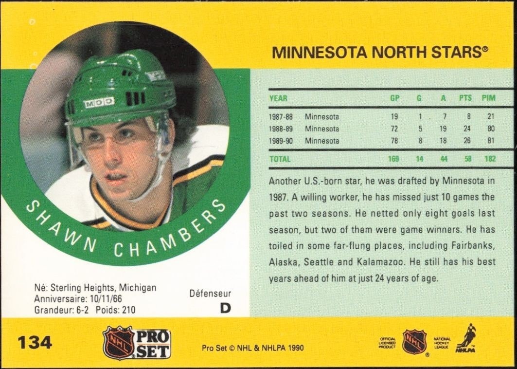 1990-91 Pro Set Shawn Chambers #134 hockey trading card back