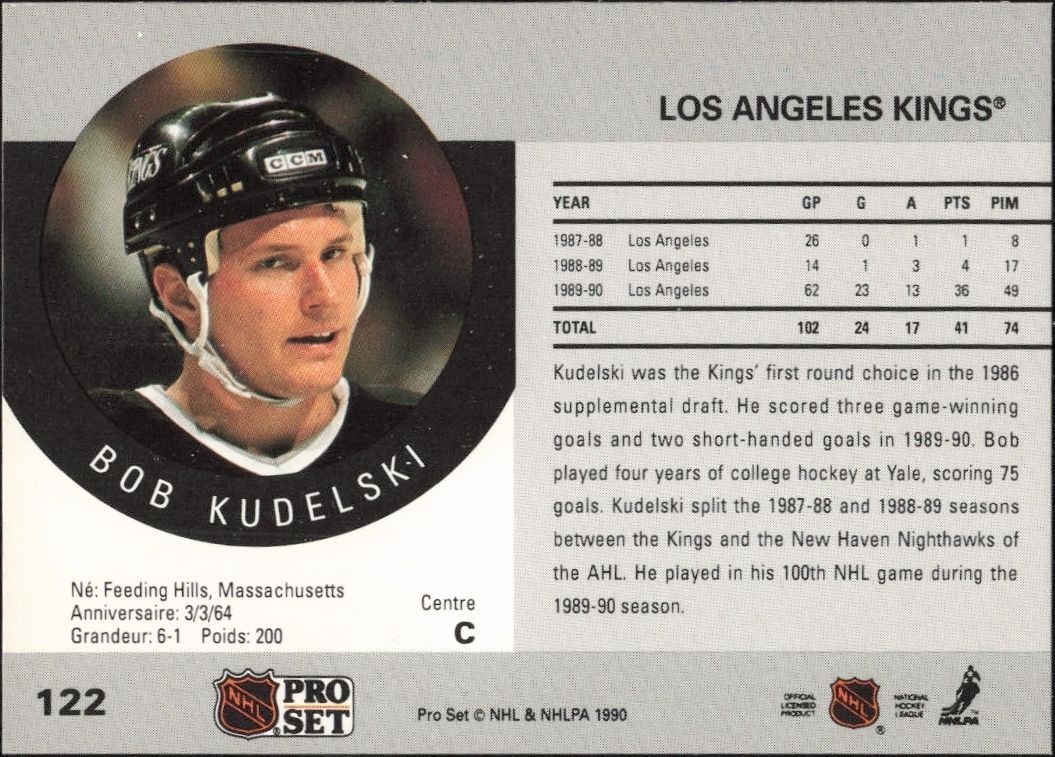 1990-91 Pro Set Bob Kudelski #122 hockey trading card back