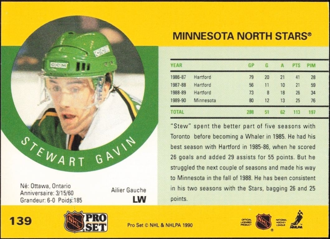 1990-91 Pro Set Stewart Gavin #139 hockey trading card back