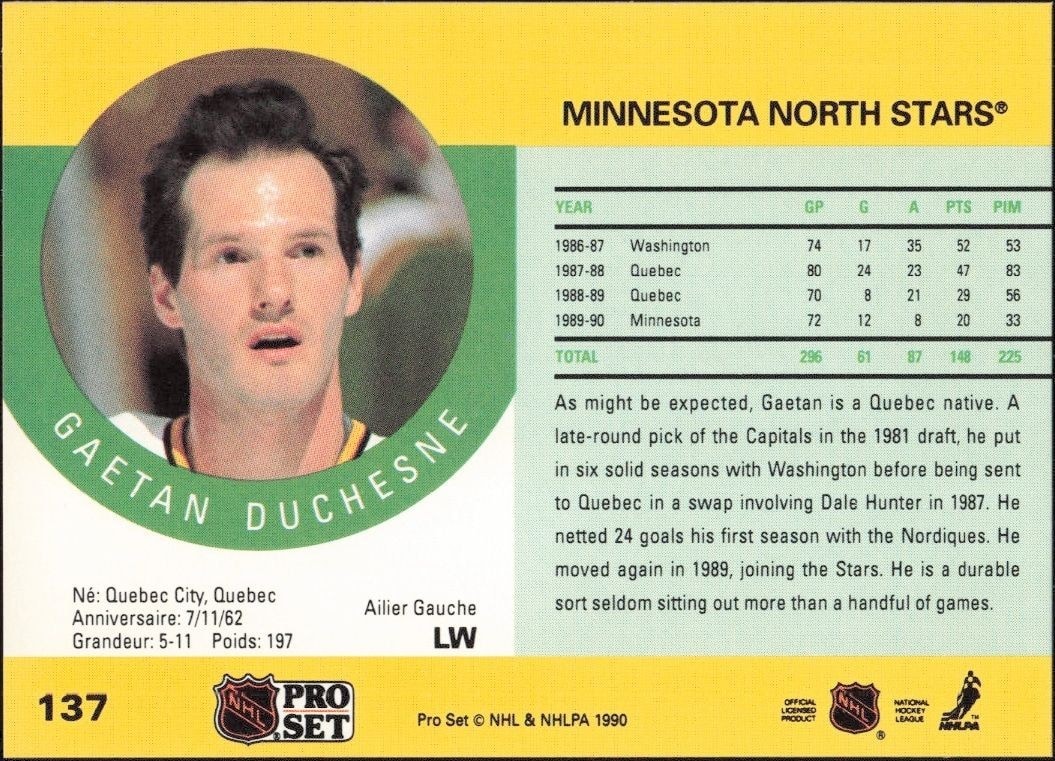 1990-91 Pro Set Gaetan Duchesne #137 hockey trading card back