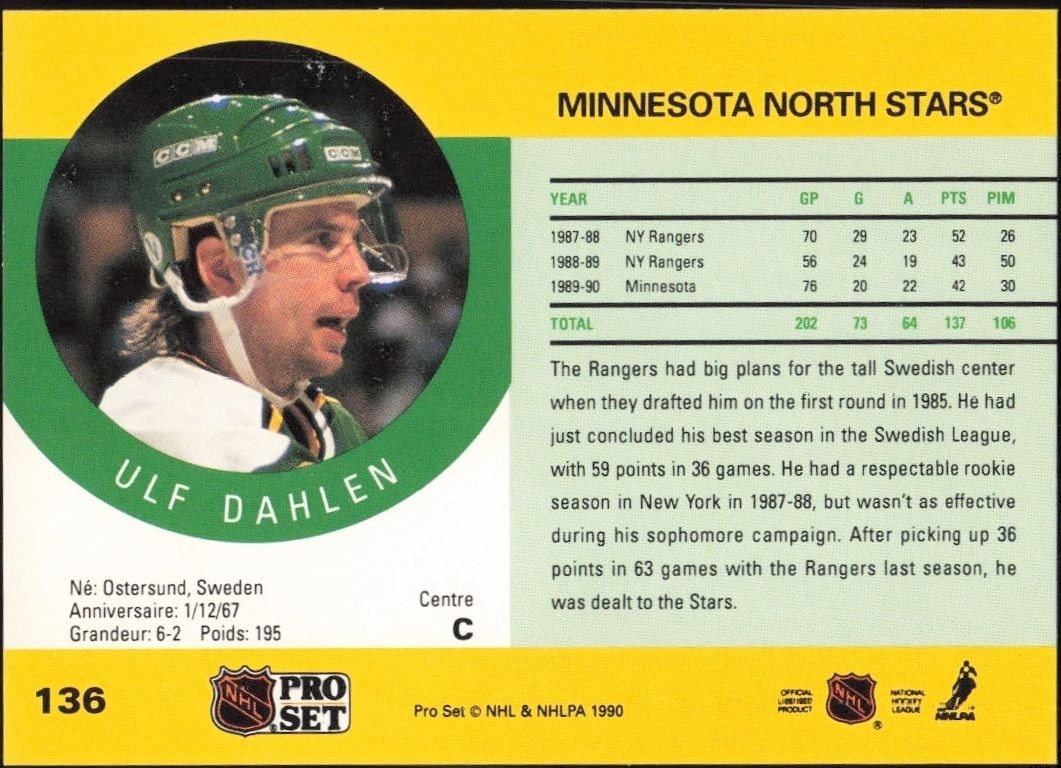 1990-91 Pro Set Ulf Dahlen #136 hockey trading card back