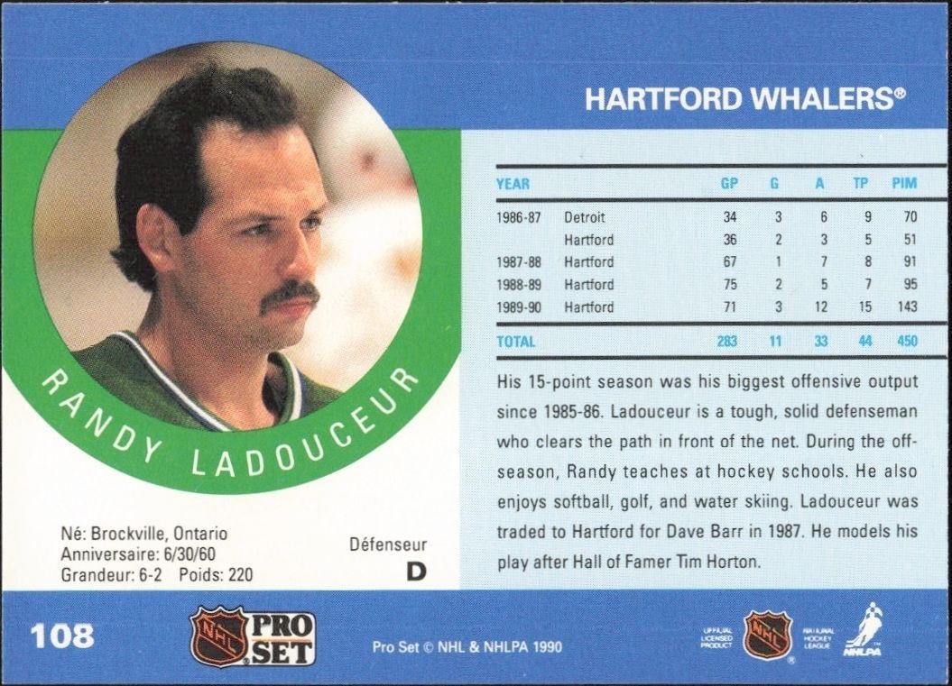 1990-91 Pro Set Randy Ladouceur #108 hockey trading card back