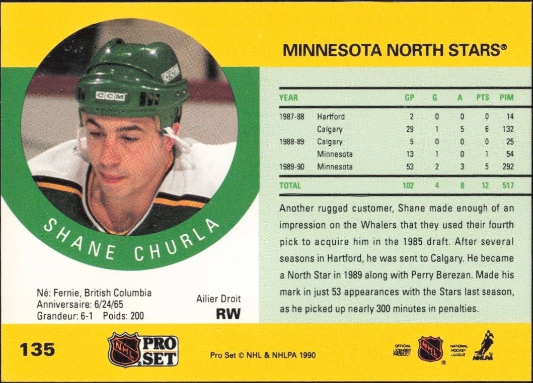 1990-91 Pro Set Shane Churla #135 hockey trading card back