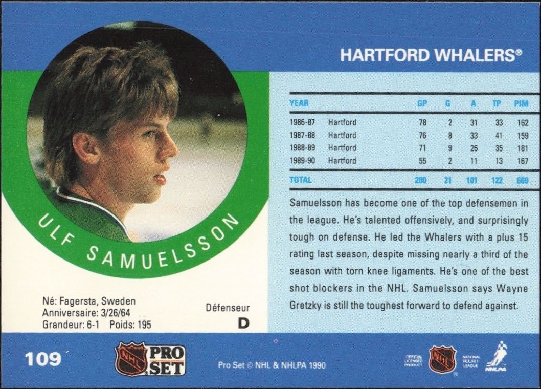 1990-91 Pro Set Ulf Samuelsson #109 hockey trading card back