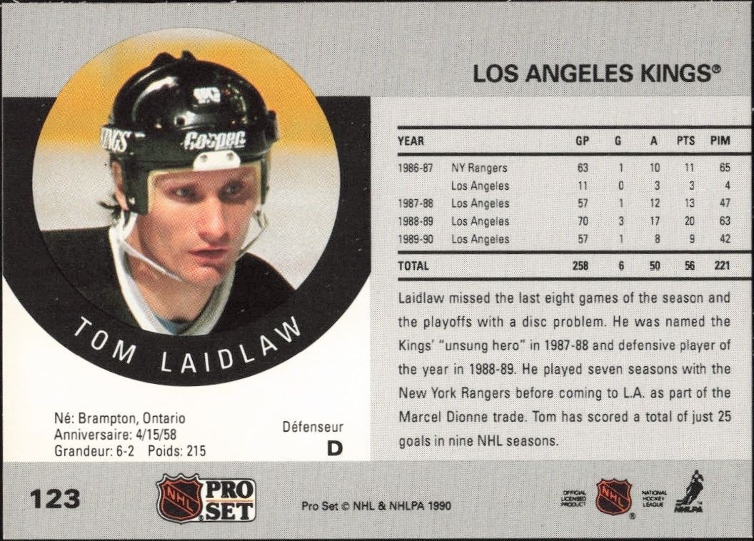 1990-91 Pro Set Tom Laidlaw #123 hockey trading card back