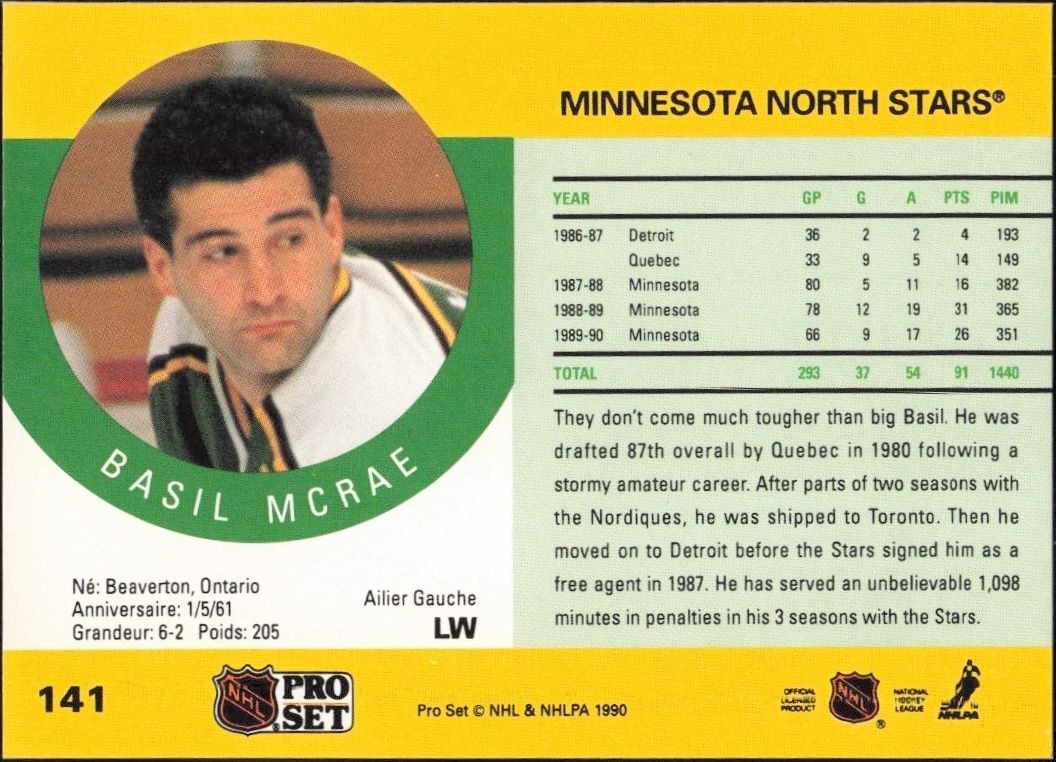 1990-91 Pro Set Basil McRae #141 hockey trading card back