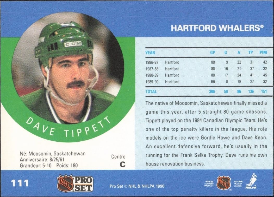 1990-91 Pro Set Dave Tippett #111 hockey trading card back