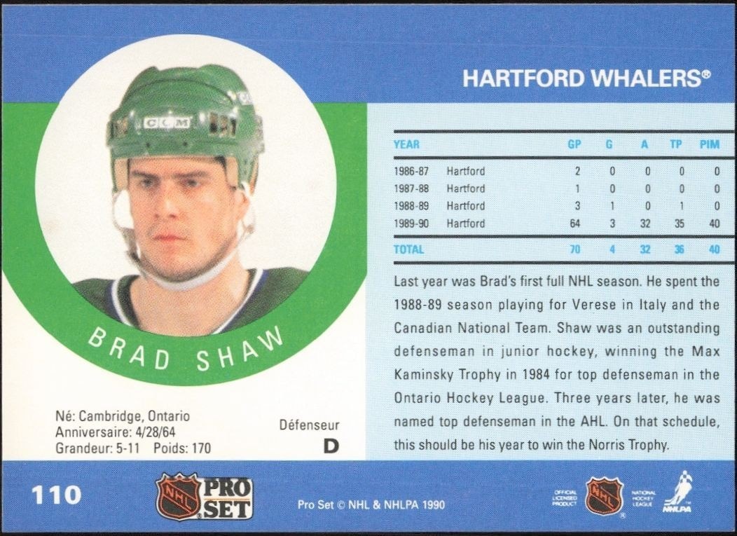 1990-91 Pro Set Brad Shaw #110 hockey trading card back