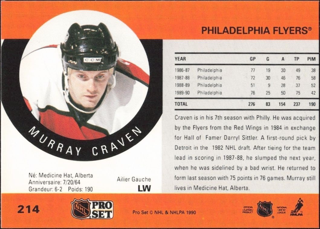 1990-91 Pro Set Murray Craven #214 hockey trading card back