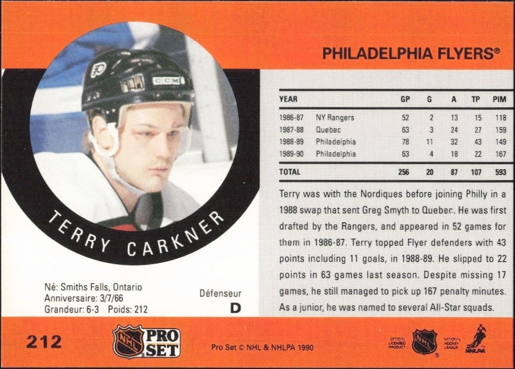 1990-91 Pro Set Terry Carkner #212 hockey trading card back
