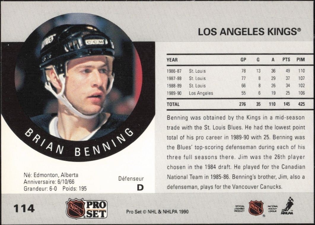 1990-91 Pro Set Brian Benning #114 hockey trading card back
