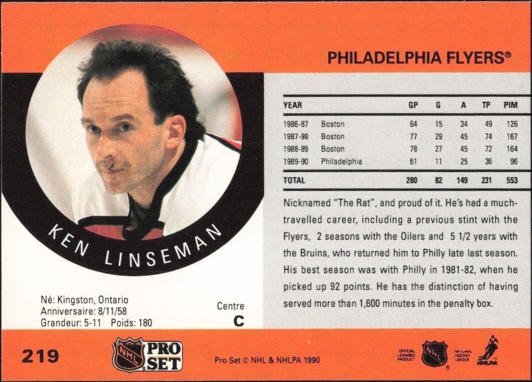 1990-91 Pro Set Ken Linseman #219 hockey trading card back