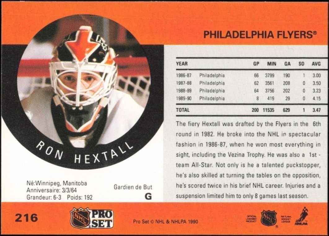 1990-91 Pro Set Ron Hextall #216 hockey trading card back