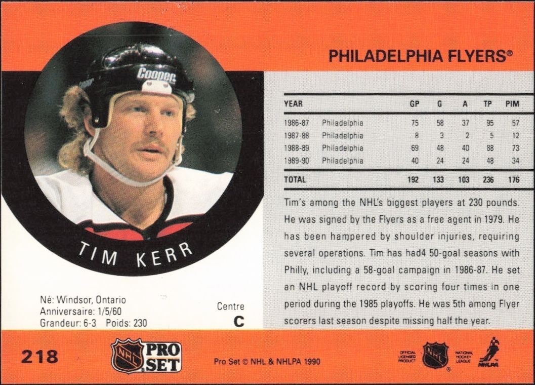 1990-91 Pro Set Tim Kerr #218 hockey trading card back